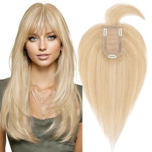 MY-LADY Human Hair Toppers for Women Real Human Hair with Bangs Thin 7 * 13CM Silk Base with Lace Clip in Remy Hairpieces 150% Density 10 Inch Ash Blonde & Bleach Blonde