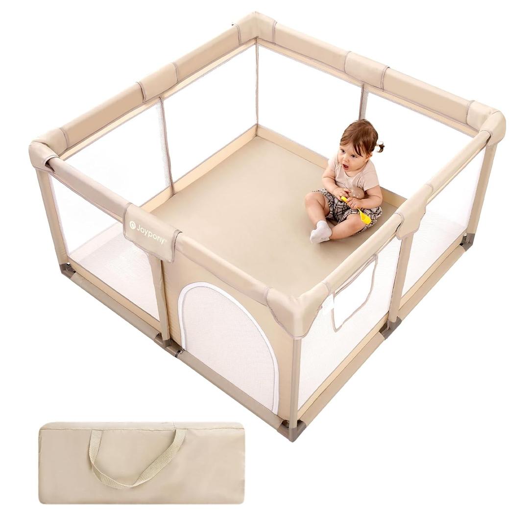 Baby Playpen, 50x50 in Small Play Pen for Babies and Toddlers, Playpen for Kids with Gate, Indoors Play Yard with Soft Breathable Mesh (Khaki)