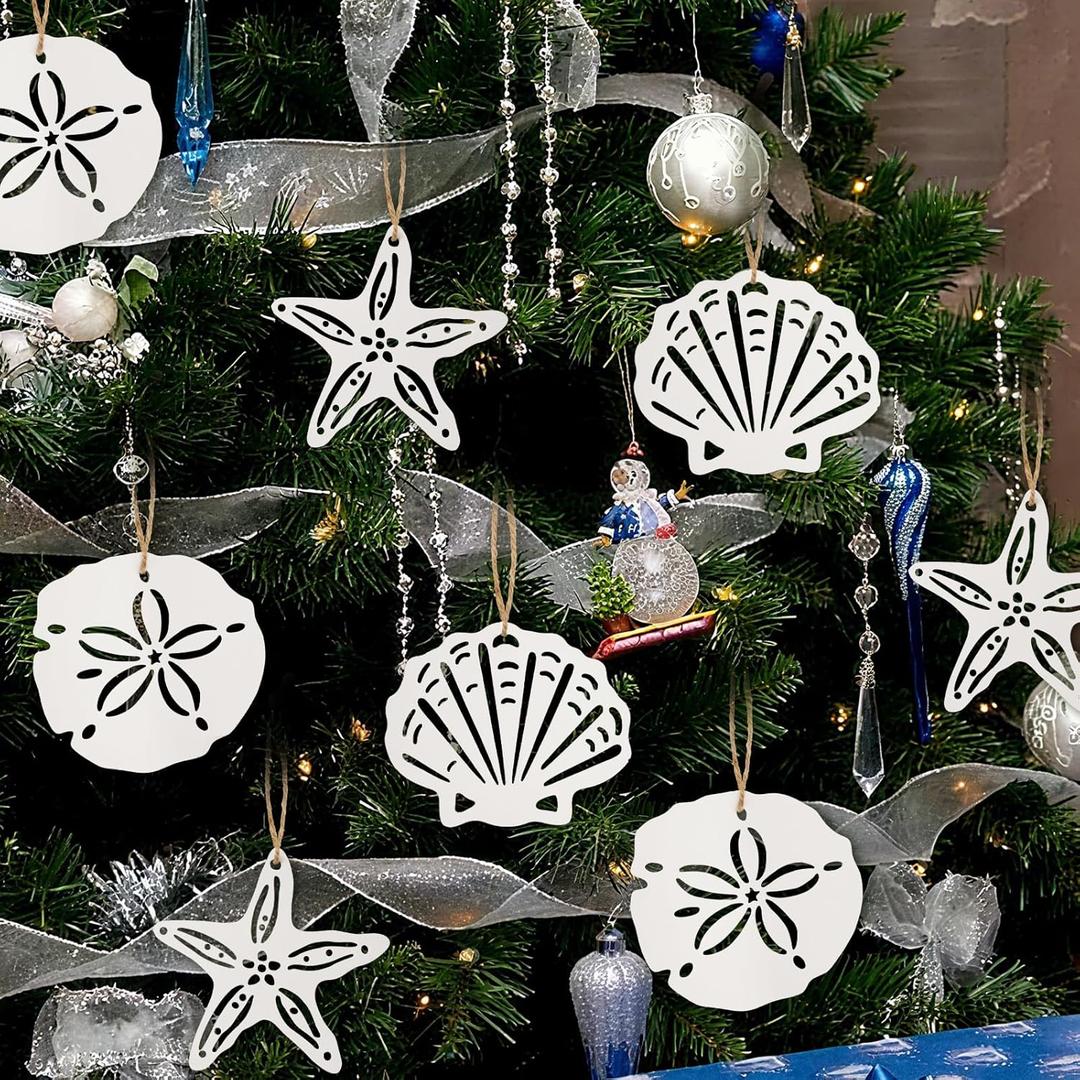 2 x Coastal Christmas Tree Hanging Decor Wooden Ornaments Starfish, 12 Pcs Beach Christmas Ornaments Seashells Sanddollar for Nautical Xmas Tree Fireplace Home White Decoration