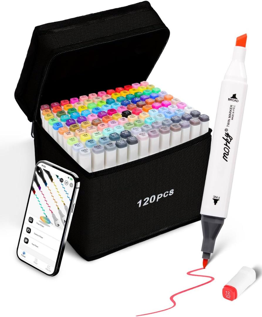 120 Colors Alcohol Markers with Free App, Chisel & Fine Tip Alcohol-Based Marker Set for Adults, Dual Tip Artist Markers for Drawing, Coloring Illustration, Painting and Great Gift Idea