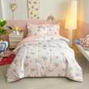 Joyreap Twin Size Comforter Set for Girls, Floral Pink n White Design, 3pcs Microfiber Princess Bedding Comforter Set for All Season, 68x88 inches