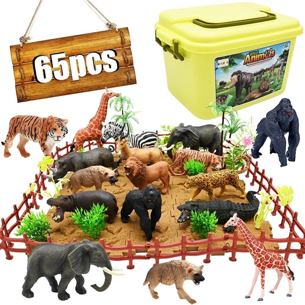 BOLZRA 65PCS Safari Animals Figures Toys, Realistic Plastic Jungle Zoo Wild Animals with Fence Building Blocks Storage Box Christmas Birthday Gift for Kids 3-8