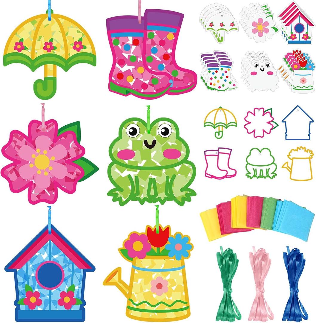 Feifeiya 24 Set Mother's Day Crafts Spring Suncatcher Crafts DIY Spring Tissue Paper Kit Flower Umbrella Rain Boot Hanging Decor Window Art for Mother's Day April Home Activity Party Favors(Rainy)