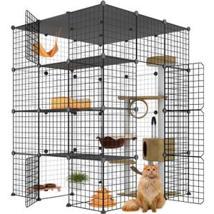 Large Cat Cage, Enclosures Indoor with Balcony, DIY Playpen Detachable Metal Wire Kennels Crate 3x3x4 Large Exercise Place Ideal for 1-3 Cats (Black)