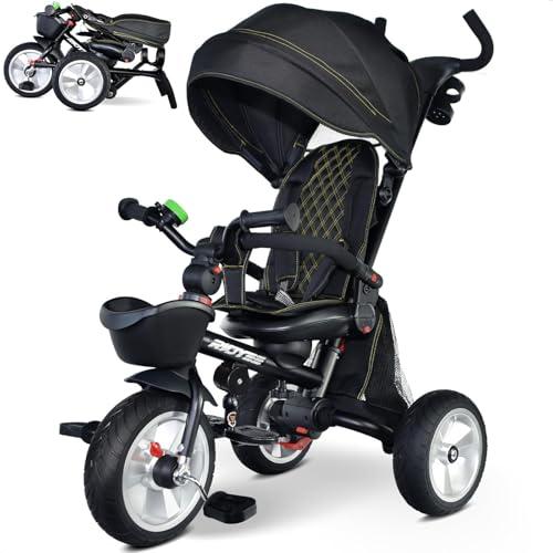 RIDYEE 7-in-1 Folding Toddler Tricycle for 18 Months to 5 Years, Tricycle Stroller with Dual Brakes, All-Terrian Rubber Tire, Tricycle for Toddlers with Rotatable Seat, Adjustable Push Handle, Black