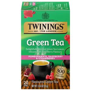 Twinings Green Tea with Pomegranate, Raspberry, & Strawberry Individually Wrapped Bags, 20 Count (Pack of 1), Caffeinated, Enjoy Hot or Iced, 20 Teabags (EXP 06/25/28)