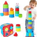 iPlay, iLearn Baby Stacking Toys, Toddler Nesting Stack Cups, Infant Stackable Block, Kids Sorting Game W/Shape Sorter for Sand Bath, Birthday Gift for Boys, Girls