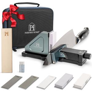PATENTED ORIGINAL ADJUSTABLE ROLLING KNIFE SHARPENER KIT: Adjustable Height, 30 Angle Options, 5 Removeable Whetstone Plates, Leather Strop with Travel Case - Kitchen Knife Sharpener