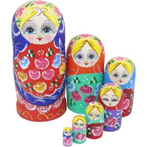 Winterworm Set of 7 Pieces Beautiful Lovely Wood Red Flower Girl with Blue Scarf Traditonal Russian Nesting Dolls Matryoshka Wishing Dolls Toy Gift Home Room Decoration