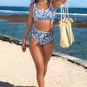 Herseas Women's Bikini Sets Floral Print Whip Stitch 2 Piece Swimsuits High Waisted Scoop Bathing Suits (M)