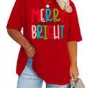Merry and Bright Plus Size Shirt Women Chenille Patch Christmas Tops Holiday Shirt Women Embroidery Xmas Tee Tops (Red)