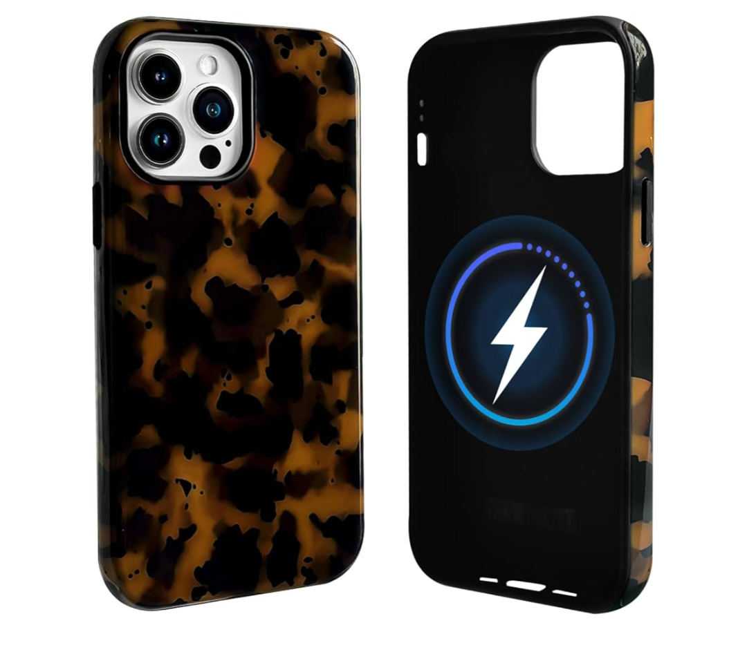 NITITOP Compatible with iPhone 15 Pro Max Case Magnetic Compatible with MagSafe Cute Leopard Amber Aesthetic Tortoise Design for Women Men Girls Soft TPU Shockproof Protective Cover - Black