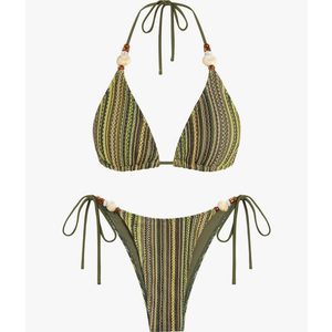 ZAFUL Women's Bikini Sets Beads Triangle Swimsuits 2 Piece String High Cut Cheeky Bathing Suits, S, Green