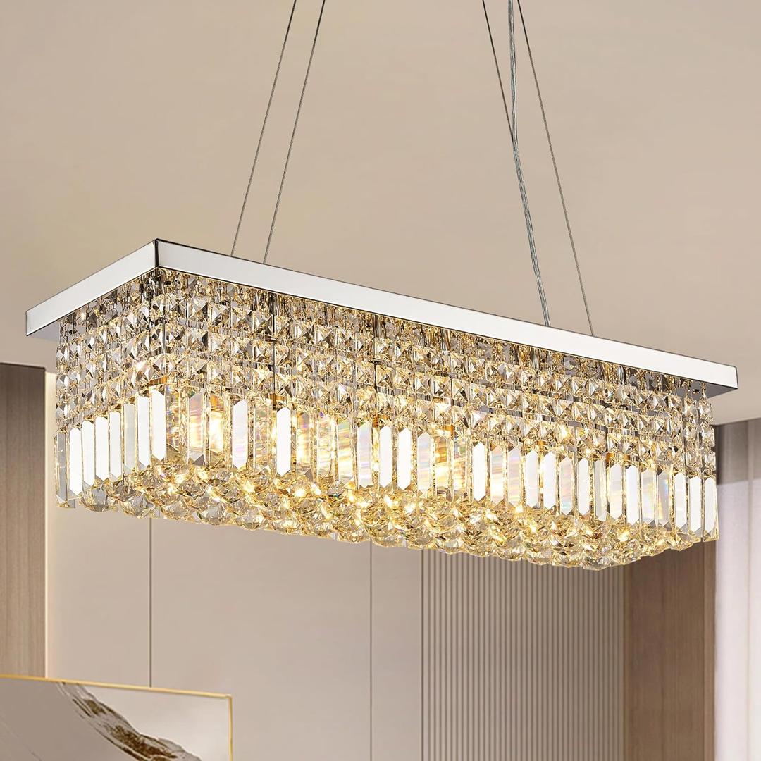 Rectangle Crystal Chandelier, Dimmable L31'' Modern Large K9 Crystal Chandeliers, Rectangular Pendant Light Fixture for Kitchen Island, Living Room, Dining Room (Polished Chrome)