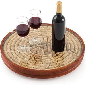 Wine Cork Holder Decorative Christmas Wine Lover Creative Gift Wooden Lazy Susan for Countertop with Glass Protective Cover Can Store 130 Corks Stoppers Display Kitchen Bar Table Centerpieces