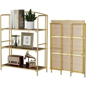 Crofy No Assembly Folding Bookshelf for Living Room, 3 Tier Gold Collapsible Book Shelf for Home Office, Portable Bookcase Storage Organizer, 3 Tier Wider