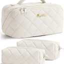 Travel Makeup Bag, 3 Pcs Large Capacity Puffy Toiletry Bag for Women, Open Flat Make up Cosmetic Organizer w/Handle & Clear Divider Water-resistant Portable Pouch Travel Essentials, M-Cream White (EXP 01/01/35)