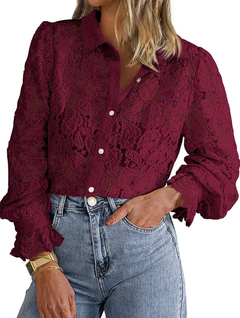 BTFBM Long Sleeve Lace Blouses for Women 2025 Spring Dressy Casual Button Down Shirts Date Night Outfit Club Party Tops, Smal