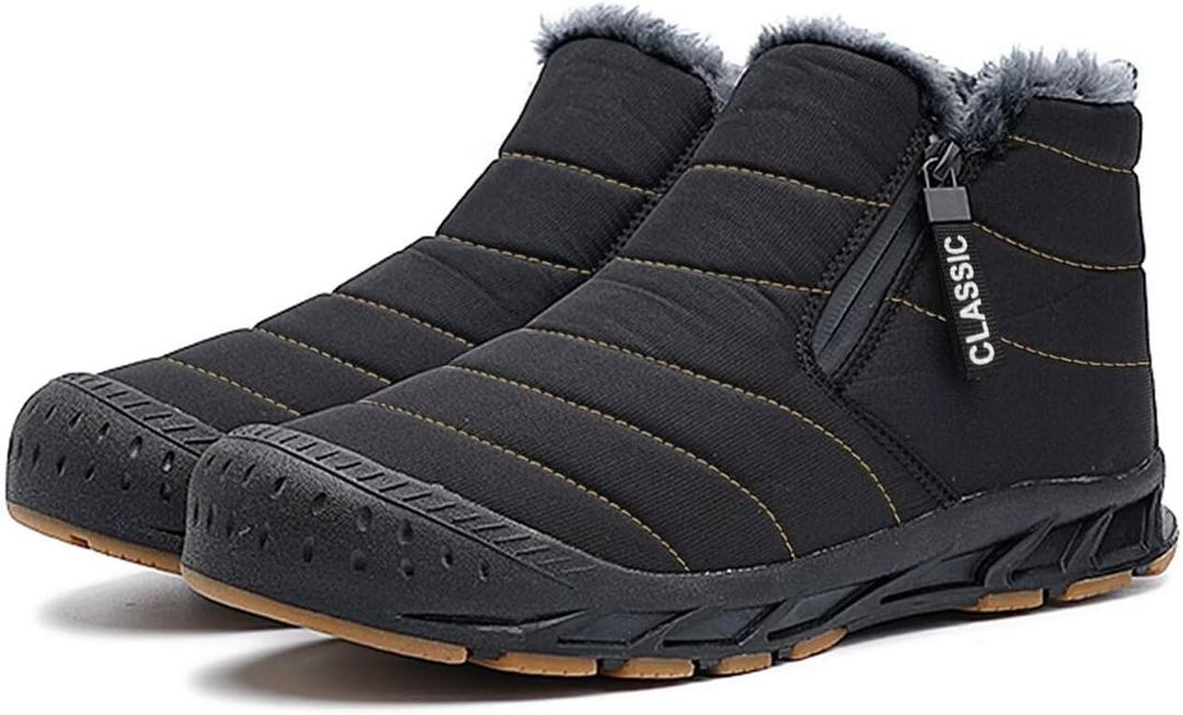 Men's Snow Boots Waterproof Winter Boots Fur Lined Warm Comfortable Slip on Outdoor Men Snow Shoes Zipper Ankle Boot (9, Black)