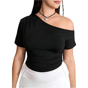 MakeMeChic Women's Plus Size One Shoulder Tops Summer Floral Asymmetrical T Shirt Ruched Short Sleeve Crop Top (X-Large Plus, Black)