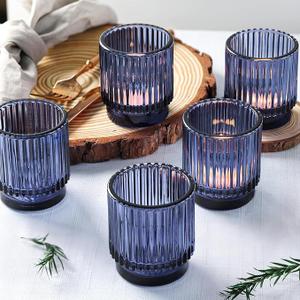 DEVI 8 Pcs Blue Votive Candle Holder for Wedding Centerpieces, Glass Ribbed Tea Light Holder for Wedding Table Decorations, Navy Blue Decor for Party Home Farmhouse Decorations