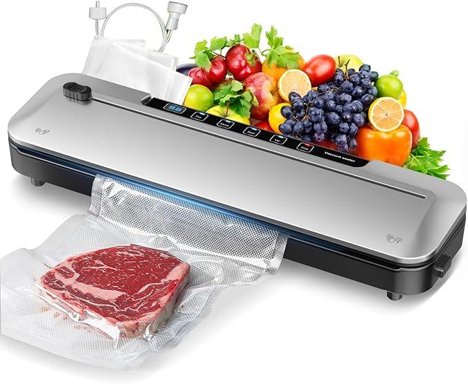 Vacuum Sealer for Food,75 Kpa Precision Suction Power 6-in-1 Food Sealer with Digital Timer, Dry & Moist Food Modes, Compact Design with 10 Vacuum Bags & Built-in Cutter