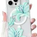 NITITOP Compatible with iPhone 16 Pro Case Clear Magnetic Compatible with MagSafe Cute Lily Flowers Floral for Women Girls Hard PC Back Shockproof Protective Phone Cover - Green
