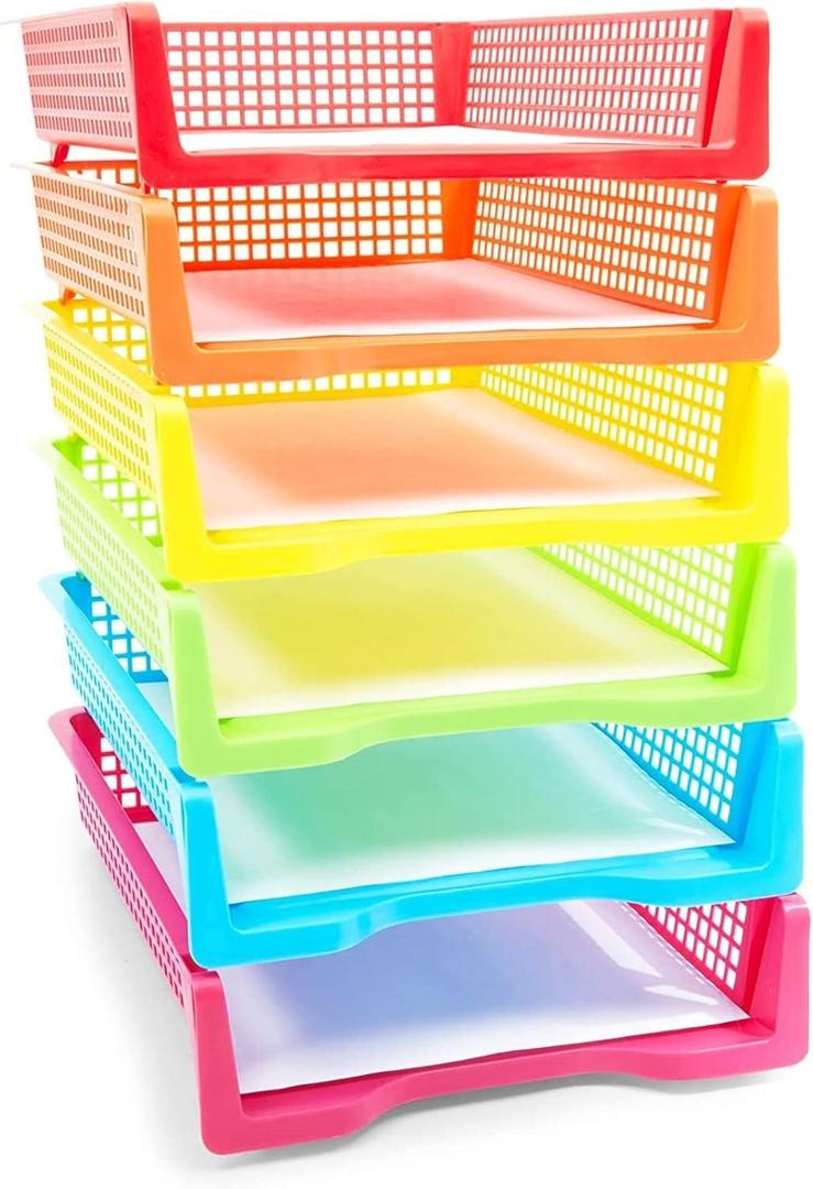 Set of 6 Rainbow Turn in Trays for Teachers, Plastic Classroom Paper Organizers, Colorful Storage Baskets for Office (12.75 * 9.75 * 2.75 inch)