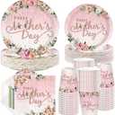 250Pcs Happy Mother's Day Party Supplies Pink Flowers Golden Plates and Napkins Golden Glitters Dots Floral Mom's Day Tableware Set for Thanks Mother Party Supplies, Serves 50