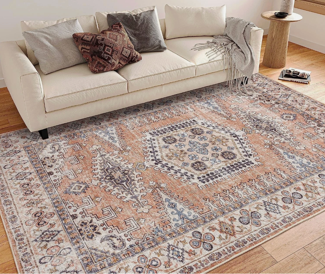 Valenrug Washable Rug 5'x7' Ultra-Thin Antique Area Rug Stain Resistant, Peach