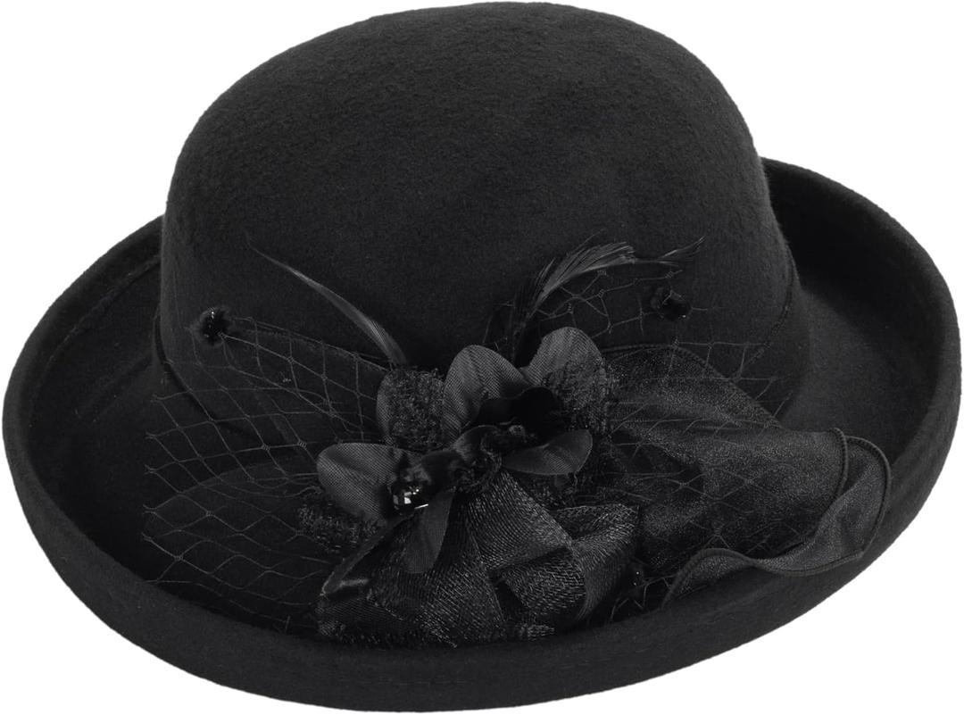 Women-Felt-Bowler-Fedora-Hat with Floral-Fascinator for Kentucky-Church-Derby-Wedding-Party (Medium-Large, Black)