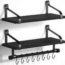 Love-KANKEI Floating Shelves for Coffee Bar,Bathroom Shelves with Towel Bar, Wall Shelves with 8 Hooks for Kitchen, Storage Shelf Set of 2 for Bedroom,Living Room17.3 Inch Black