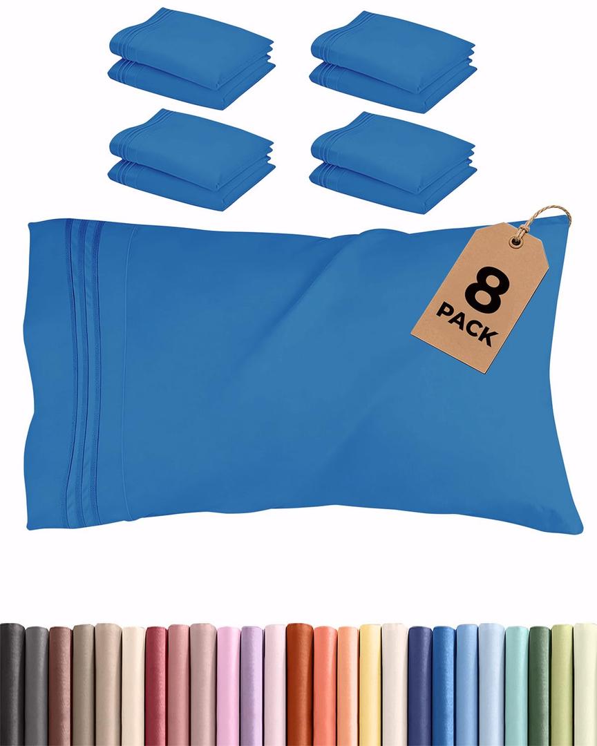 Queen Pillow Cases Set of 8 - Ultra Soft Hotel Quality Pillowcase Covers - Cozy & Wrinkle Free - Shrink, Stain and Fade Resistant - Soft, Machine Washable Pillow Protectors - 8 Piece Set - Royal Blue