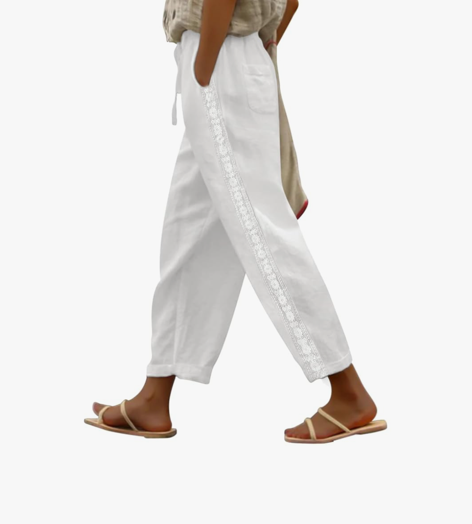 Puimentiua Women Linen Pants Lightweight Capri Pants with Lace Side Summer Casual Beach Drawstring Elastic Waist Trousers M