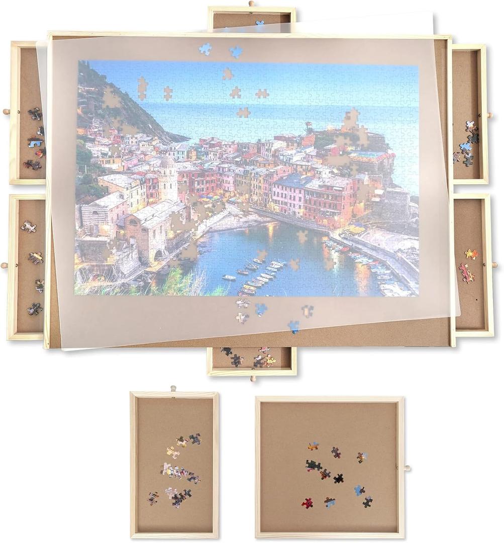 Puzzle Board, WOOD CITY 1500 Piece Wooden Jigsaw Puzzle Board with Drawers, 35 x 27 Portable Puzzle Table with Covers, Rotating Jigsaw Puzzle Table for Kids and Adults