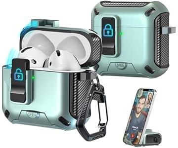 R-fun Compatible with AirPods 4th Generation 2024 Headphone Cases, Fully Drop Proof Auto Eject Protective Cover Design, New Charging Port Dust and Stand Design?Black+Apple Green