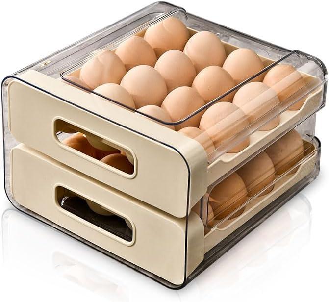 Koja 32-Egg, 2-Drawer Stackable Storage Container Holder for Refrigerator. Smooth Slide-out Drawers. BPA-free Kitchen Organizer, Space-Saving, Easy Access Design for Fridge. Durable and Leak-Proof (Beige)