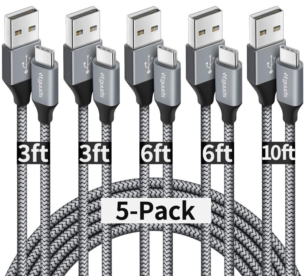 etguuds USB A to USB C Cable 5-Pack (3/3/6/6/10 ft), Fast Charging Type C Charger Cord for iPhone 17 16 15 Pro Max Plus Air, Samsung Galaxy S25 S24 S23 S22 S21 S20 A56 A17 A16, Pixel, Moto G, Gray