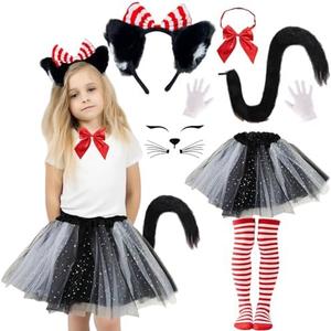 Popuid Girls Cute Cat Costume for Kids, 100th Day of School Red and White Cats Cosplay Outfit with Tutu Fluffy Cat Tails Bow Tie Set for Read Book Day Halloween Party Dress up, Size 4-6 Y