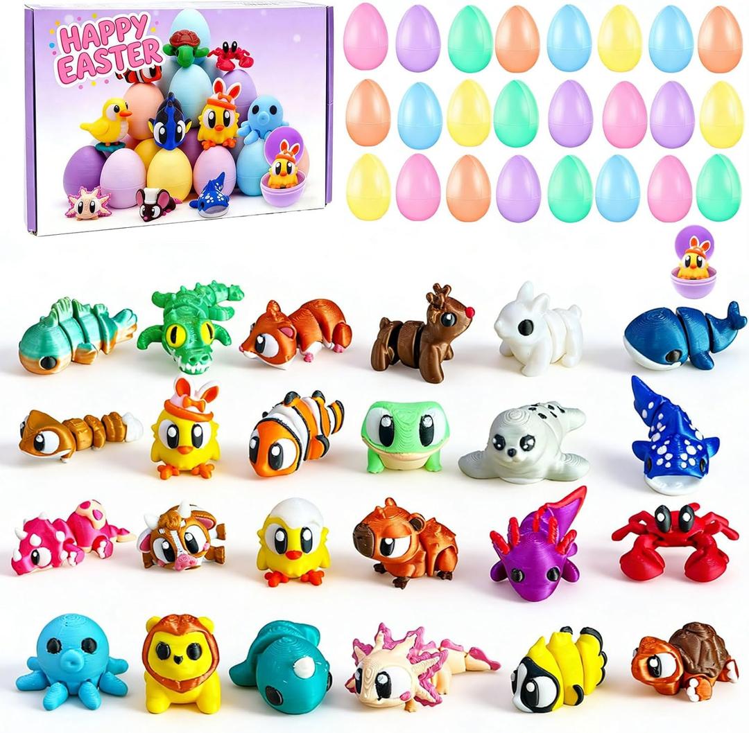 24 Pack Prefilled Easter Eggs with 3D Printed Animal Toys Ready to Use Basket Stuffers, Egg Hunt Fillers, Party Favors & Easter Gifts for Kids. Non-Candy Classroom Prizes for Toddlers, Boys & Girls.