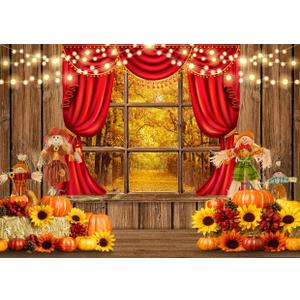 AIIKES 7x5FT Autumn Harvest Backdrop Fall Woodland Forest Outside Window Backdrop for Photography Thanksgiving Day Pumpkin Sunflower Scarecrow Baby Shower Decorations Photo Backdrop 12-603