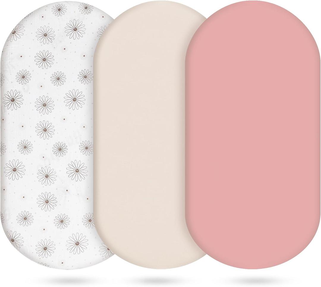 Muslin Bassinet Sheets 3 Pack, Cotton Bassinet Sheets for Baby Girl and Boy, Breathable Bedside Sleeper Bassinet Fitted Sheet, Universal Rectangle & Oval Bassinet Cover, 28x14 to 33x18, Pink