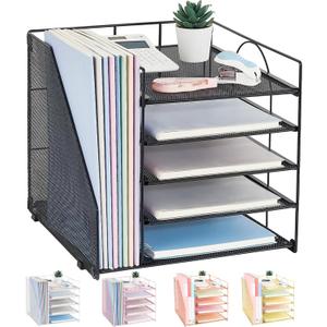 Desk Organizers and Accessories, 5-Tier Paper Letter Tray Organizer with File Holder, Desktop Organizer for Office Supplies (Black) (Black)