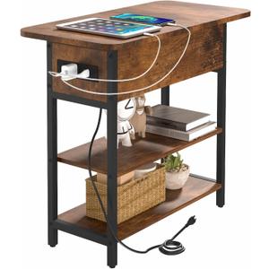 Yoobure End Table with Charging Station, Flip Top Side Table with USB Ports and Outlets, Sofa Couch Table Bedside Table for Living Room Bedroom, Narrow Nightstand with Storage Shelves for Small Space (Berry Brown)