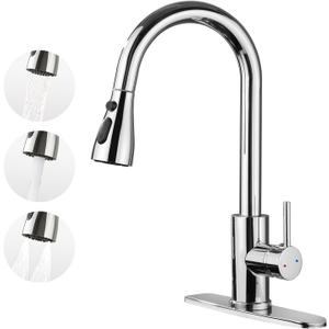 Kitchen Faucet with Pull Down SprayerStainless Steel Single Handle Kitchen Faucet1/3 Hole, Deck Plate IncludedSuitable for farmhouses, Campers, Laundry Rooms, RVs, and Bars (Chrome)