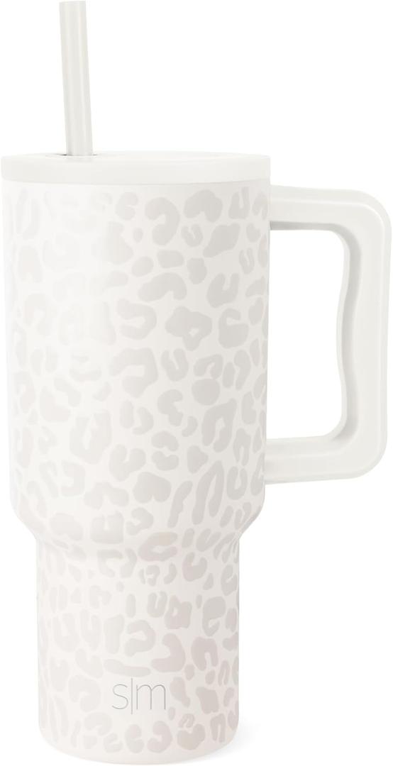 Simple Modern 30 oz Trek Tumbler with Handle and Straw Lid | Cup Holder Friendly Insulated Stainless Steel Travel Mug | Cream Leopard