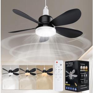 Ceiling Fan with Remote, Portable Small Ceiling Fans with Lights Dimmable for Bedroom, Kitchen, Living Room, 20.5 Ceiling Fan with 3000K-6500K/40W, Screws into E26/E27 - Black