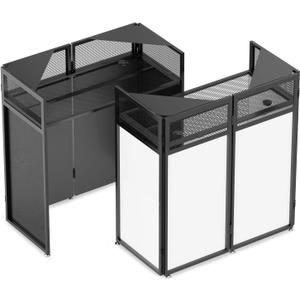 YooKoo Foldable DJ Booth with Two Top Trays, Tool-Free Assembly, DJ Table with White & Black Scrims, Metal Frame DJ Facade, DJ Stand with Cable Hole and Carry Bag, for Parties & Events & Small Studios