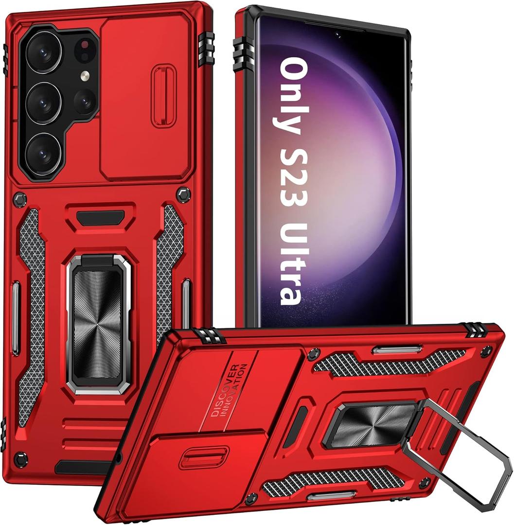 ANGELAS Shockproof Phone Case for Samsung Galaxy S23 Ultra - Silicone TPU Bumper with Anti-Fall Protection,Slide Camera Cover & Rotating Ring Kickstand,6.8Inch,Red