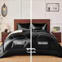 MR&HM Queen Comforter Set Black, Reversible Satin Microfiber Comforter Set for All Seasons, 3 Pieces Non-Slip Silky Soft Bedding Sets with 1 Comforter (90"x90") and 2 Pillowcases (20"x26")